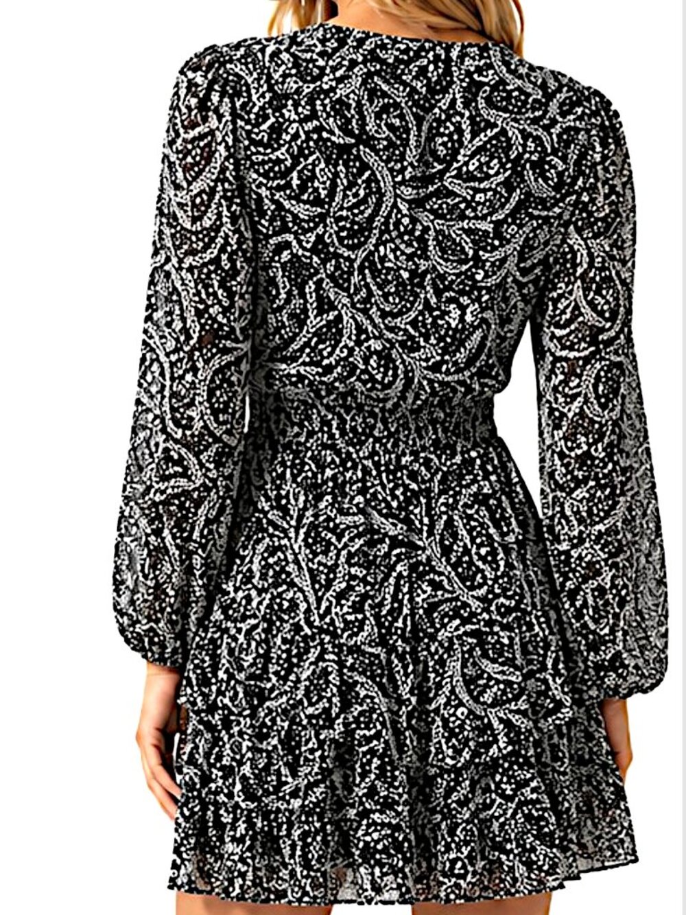 Aqua Black White Floral Ruffle Mini Dress Long Sleeve XS - Picture 9 of 10